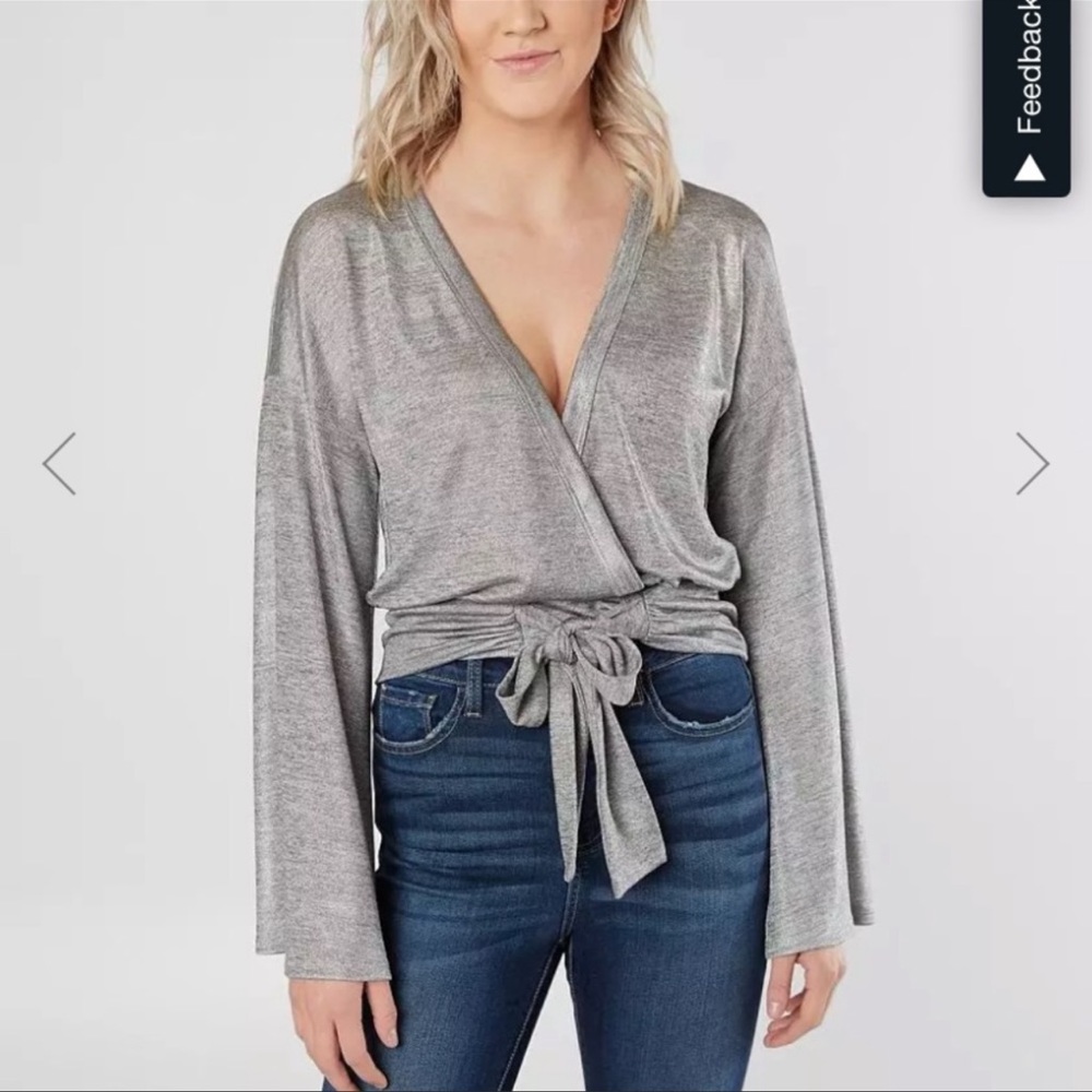 Willow & root silver metallic v-neck wrap top